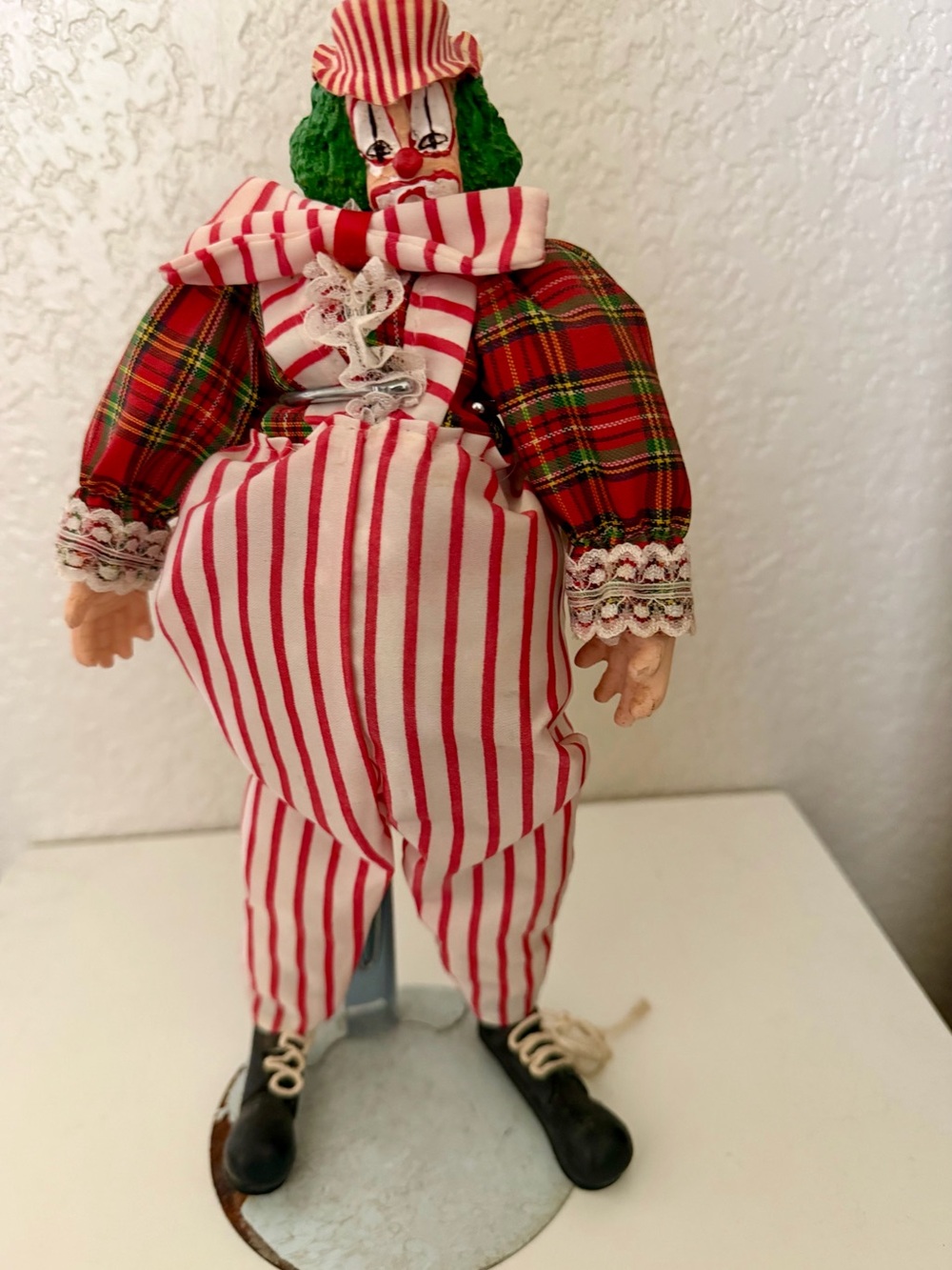 Vintage Handmade Christmas Clown Doll on Metal Stand Red Stripe & Plaid Holiday